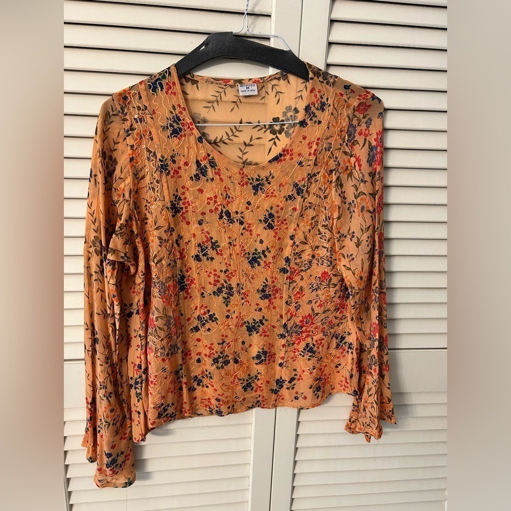 Footloose Orange Floral Embroidered Sequin Long Sleeve Blouse Womens Medium